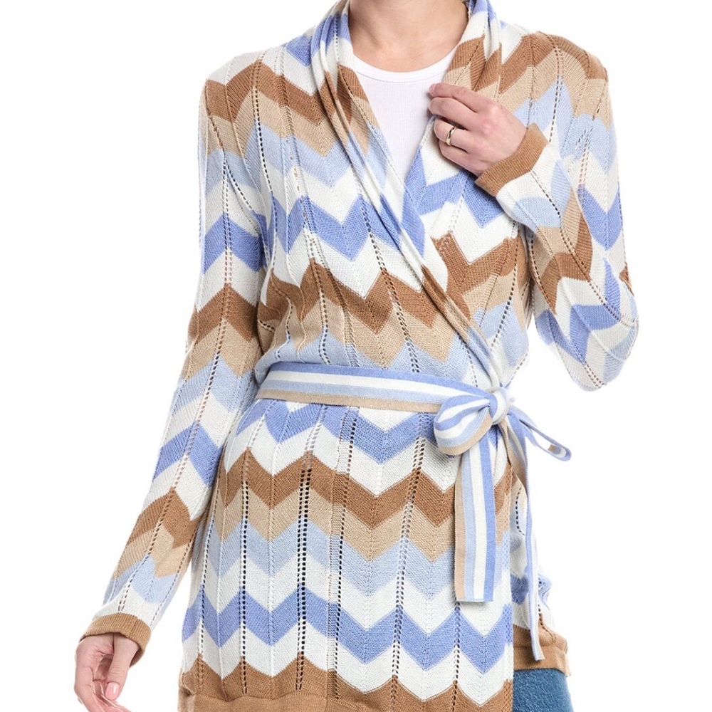 Striped Chevron Wrap Sweater Cardigan - Blue, Tan & White